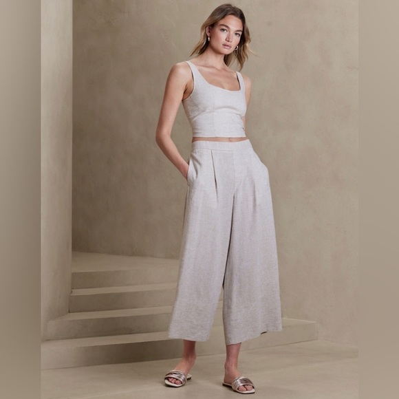 NWT! BANANA REPUBLIC  BLACK LINEN-BLEND CROPPED WIDE-LEG PANT - MULTIPLE💛 - Picture 3 of 5